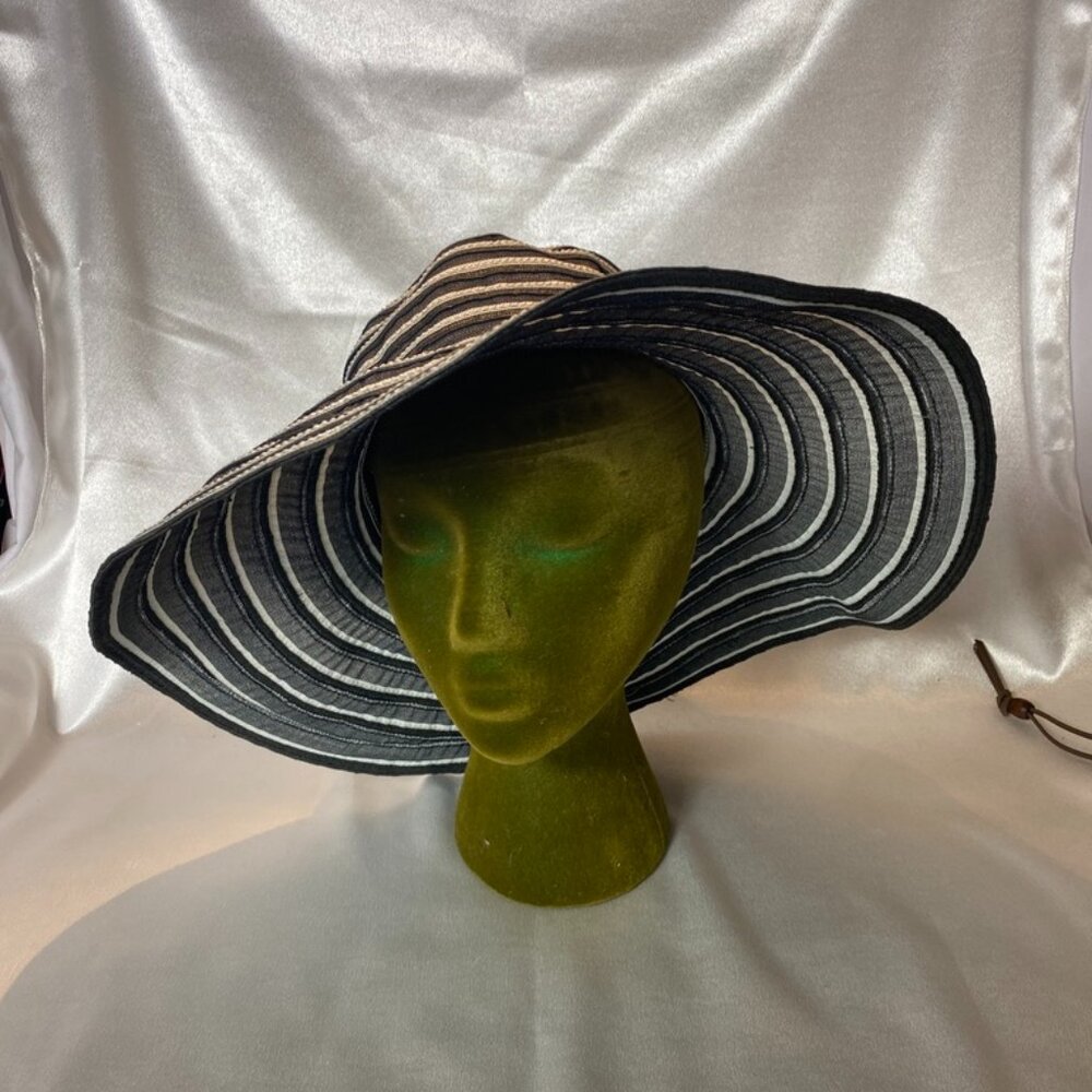 Black & Grey Striped Wide Brim Floppy Hat